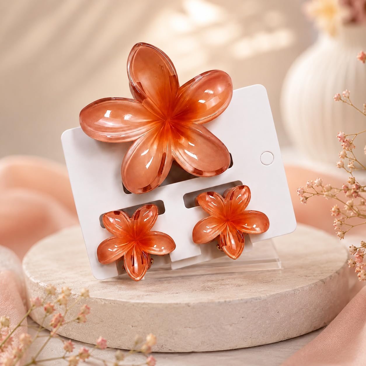 S.A.V.I Floral Hair Claw Clips Set of 3 for Women & Girls, Orange | 1 Large 8 cm & 2 Mini 4 cm, Acrylic Barrettes, Half Updos & Buns, Secure Grip, Daily Wear