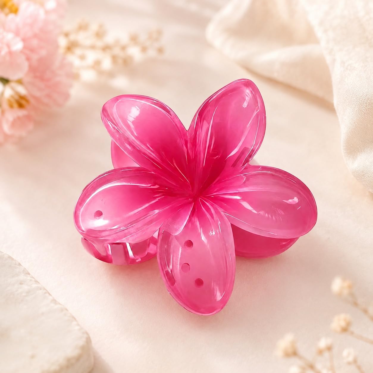 S.A.V.I Pink Floral Hair Claw Clip for Women, Resin, 8 cm | Frangipani Style, Strong Grip, Lightweight, Secure Hold, Casual & Party