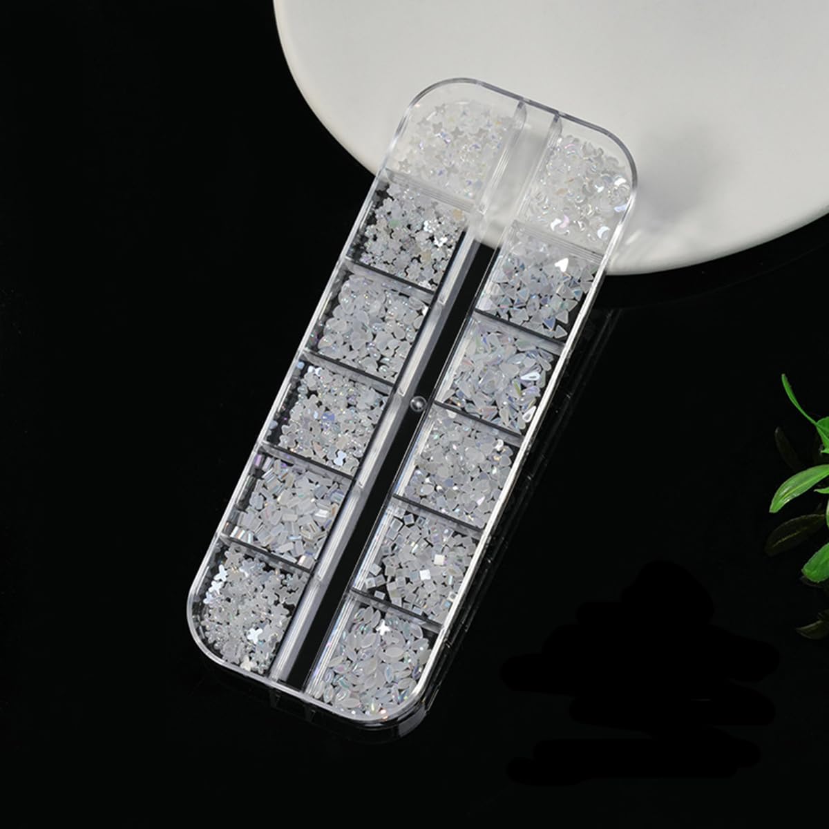 S.A.V.I Pearl White AB Resin Nail Art Rhinestones Set | Flat Back Mixed Shapes Star Heart Moon Flower Triangle | 1.5–4mm Sizes | 12 Grid Storage Box | DIY Nail Decoration Kit