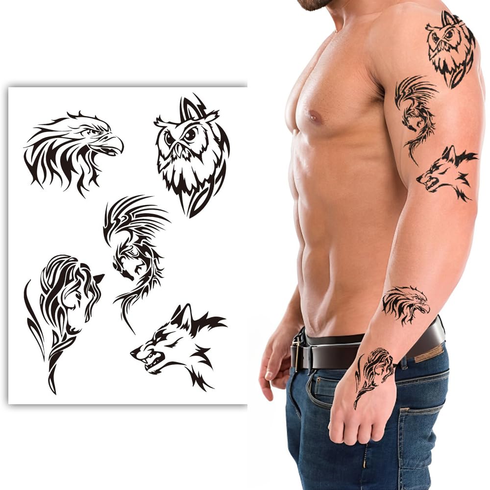 S.A.V.I 1Pc Tribal Design Temporary Tattoo Sheet for Men - Black Waterproof Body Art with Eagle, Wolf, Owl  Warrior Patterns - 21x15 cm Stylish Arm Tattoos - Easy to Apply  Remove, for Parties  Festivals
