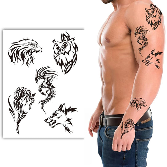 S.A.V.I 1Pc Tribal Design Temporary Tattoo Sheet for Men - Black Waterproof Body Art with Eagle, Wolf, Owl  Warrior Patterns - 21x15 cm Stylish Arm Tattoos - Easy to Apply  Remove, for Parties  Festivals