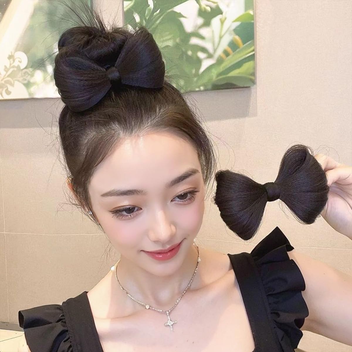 S.A.V.I Natural Black Bow Hair Extension Clip for Women & Girls | Korean Style Synthetic Hair Bow Barrette with Metal Clasp | Elegant Bun & Ponytail Accessory for Party, Wedding & Daily