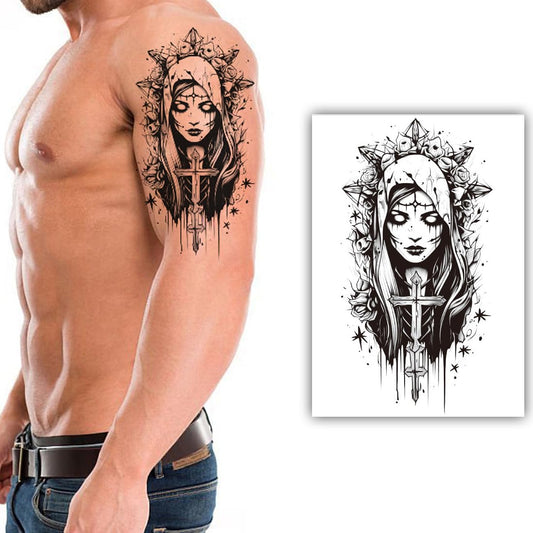 S.A.V.I Large Gothic Virgin Mary Temporary Tattoo for Men, 1 Pc, Black 21x11 cm Waterproof Non-Toxic Realistic Half Arm Body Art Sticker, Long-Lasting Transfer Tattoo for Festival & Party Use