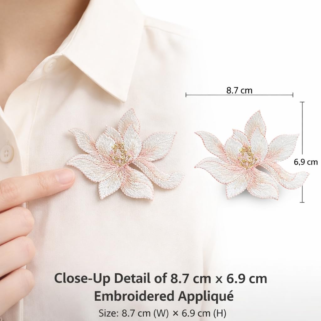 S.A.V.I Peach Lotus Flower Iron-On Embroidered Appliqué Patch 8.7 x 6.9 cm | Premium Fabric Floral Motif for Dresses, Kurtis, Sarees, Blouses & DIY Garment Decoration (Peach)