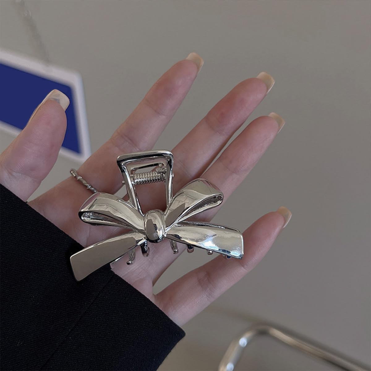 S.A.V.I Silver Metal Bow Hair Claw Clip for Women & Girls (6 cm) | Strong Grip Mini Clutcher, Elegant Ribbon Design Hair Accessory for Daily, Office & Party Styling