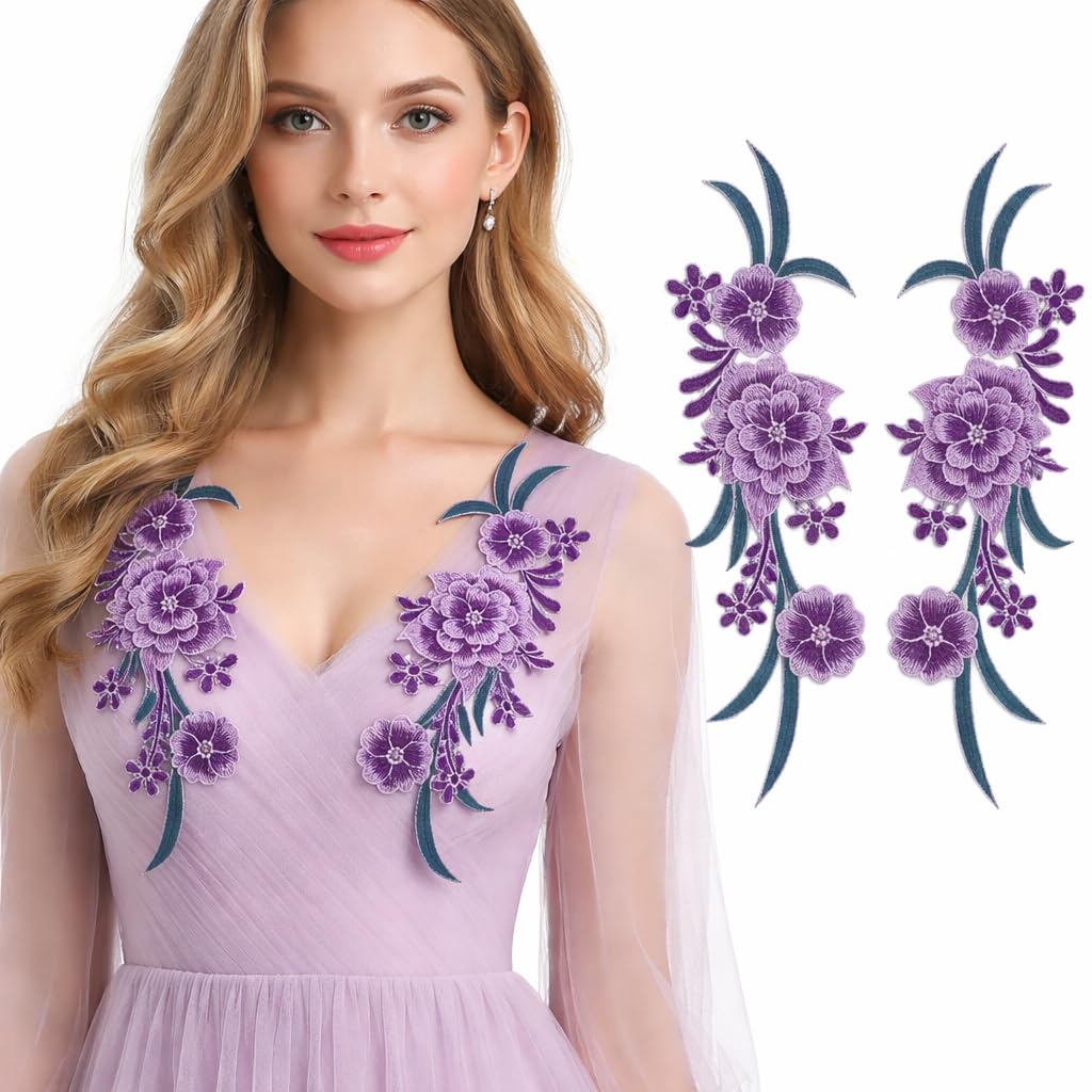 S.A.V.I Pair of Purple Floral Embroidered Sew-On Applique for Women Dresses & Kurtis | Thread Work Flower Design | 12.5 x 33.5 cm Decorative Garment & Craft Patch (Purple)