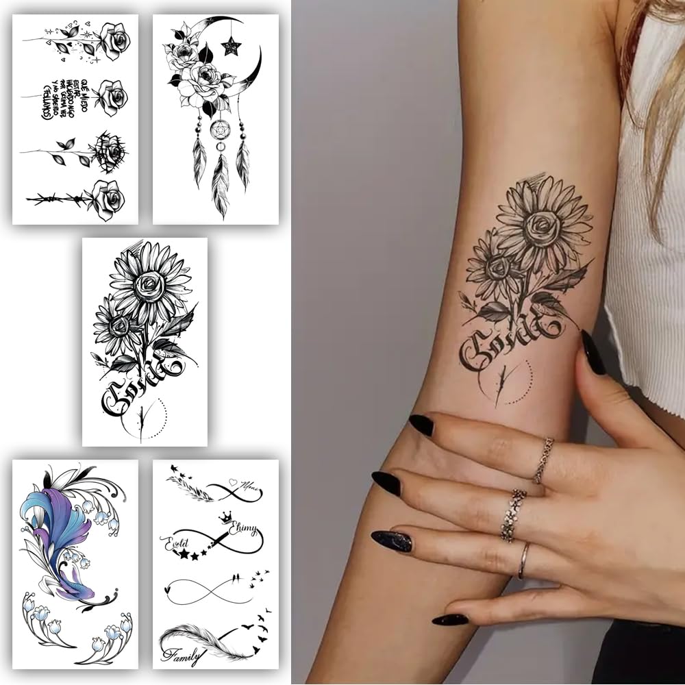 S.A.V.I 5 Sheets Temporary Tattoo Stickers - Waterproof  Long-Lasting - Floral, Feather, Dreamcatcher  Script Designs - Easy to Apply  Remove - 10.5x6cm - Perfect for All Ages, Body Art