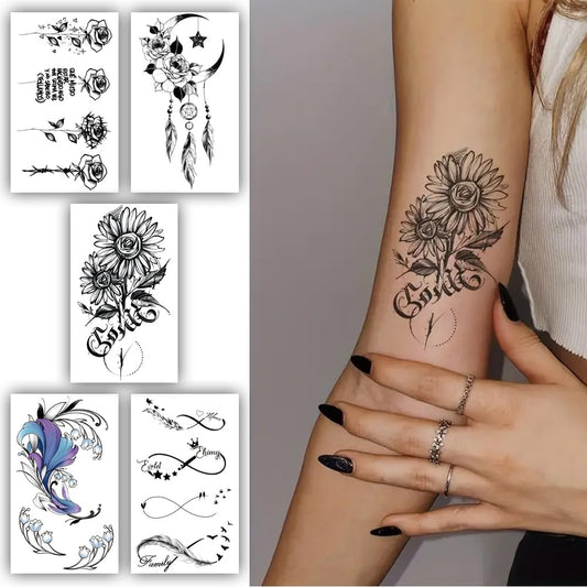 S.A.V.I 5 Sheets Temporary Tattoo Stickers - Waterproof  Long-Lasting - Floral, Feather, Dreamcatcher  Script Designs - Easy to Apply  Remove - 10.5x6cm - Perfect for All Ages, Body Art
