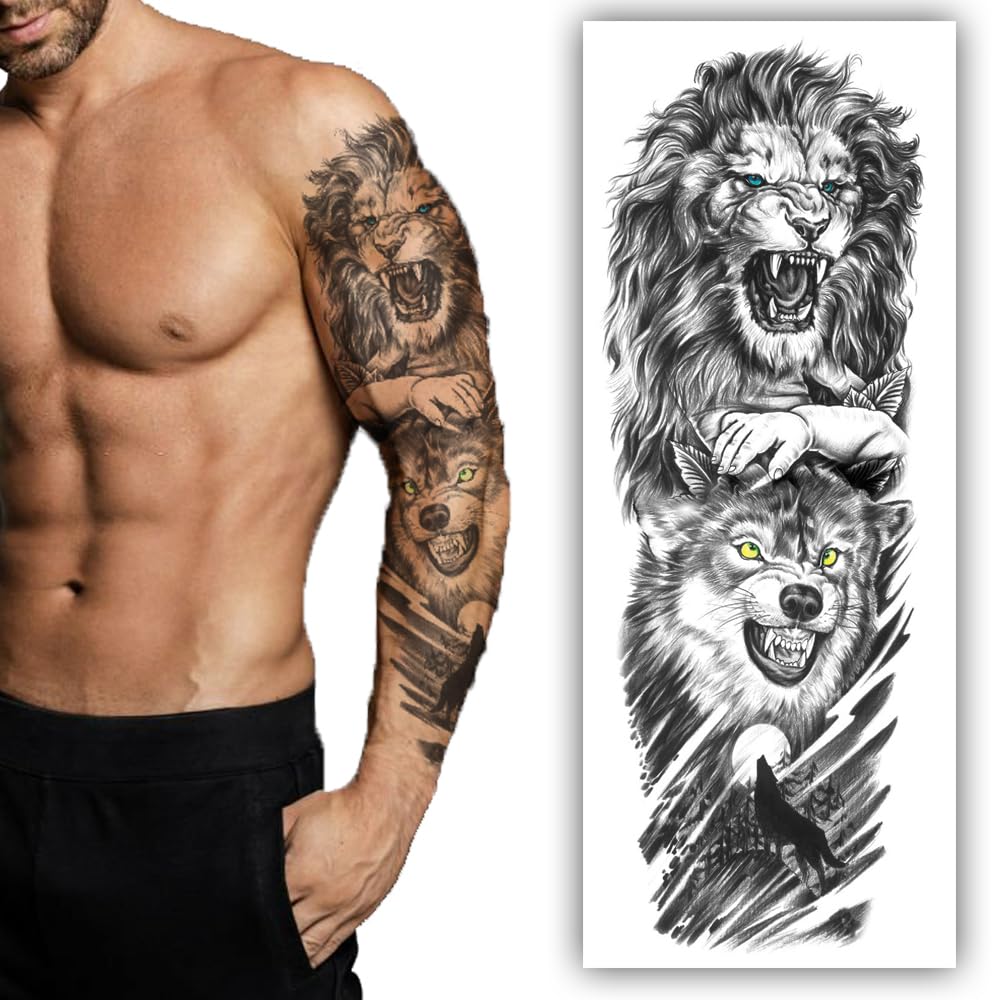 S.A.V.I Full Arm Tattoo Sleeve - Ferocious Lion  Wolf, Strength Symbol, Temporary Sticker, Black/Gray, 48x17cm