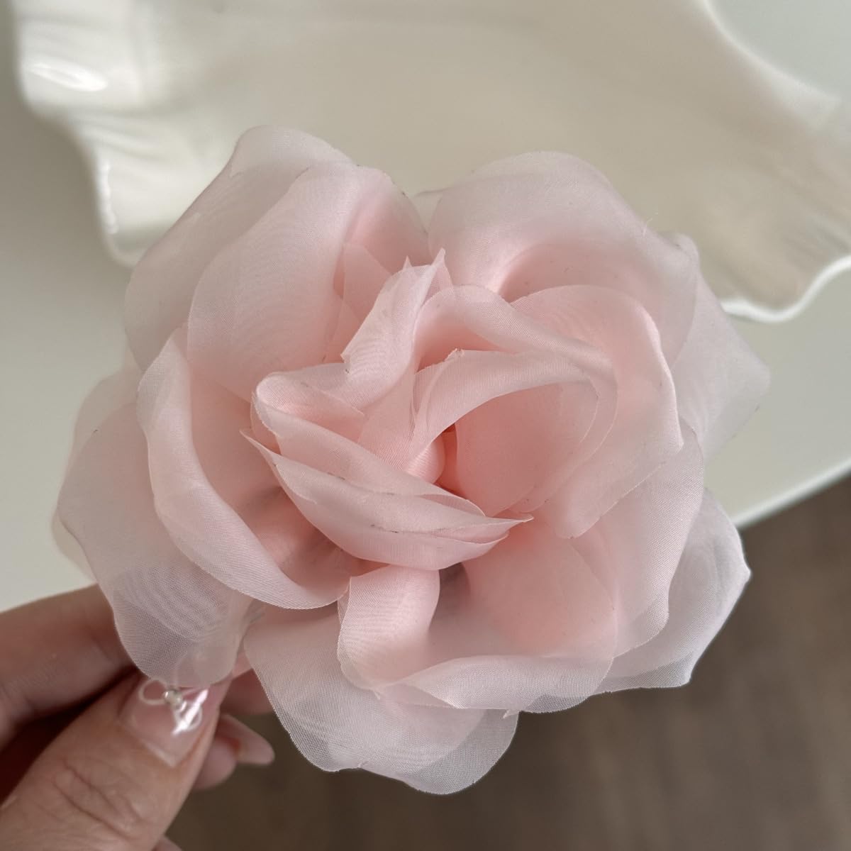 S.A.V.I Pale Pink Rose Hair Claw Clip for Women & Girls (9 cm) | Large Floral Net Fabric Hair Accessory | Strong Hold Elegant Updo Clutcher for Party, Wedding, Daily