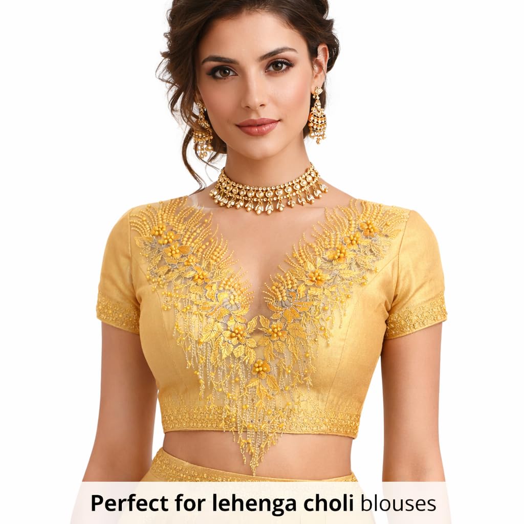 S.A.V.I Golden Yellow Floral Beaded Embroidery Lace Applique Patch 28 x 55 cm | V-Neck Net Mesh Design for Lehenga Choli Blouse, Gown & Designer Ethnic Wear (Yellow)