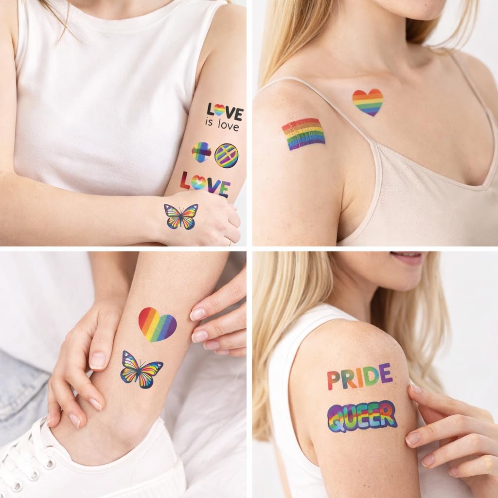S.A.V.I Pride Rainbow Temporary Tattoos – 10 Sheets Multicolour Heart, Butterfly & Love Designs (6.8 x 12 cm) Safe Non-Toxic Waterproof Body Art for Adults, Party, Festival & LGBTQ Decor (#333)
