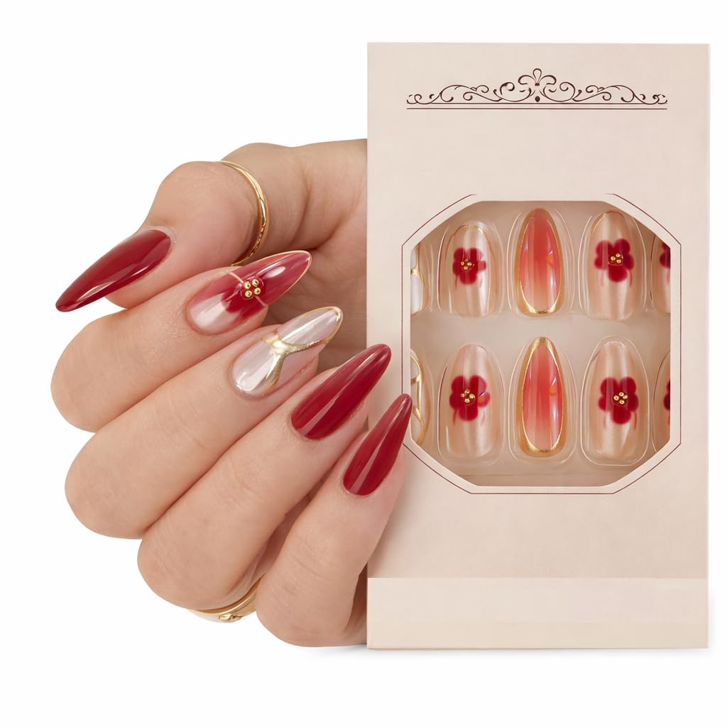 S.A.V.I 24 Pcs Reusable Press On Nails for Women, Long Almond Shape Nude & Red Gloss Finish, 3D Floral Gold Foil Design, Artificial Fake Nails Set with Glue & Tabs