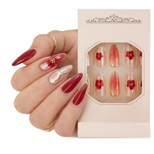S.A.V.I 24 Pcs Reusable Press On Nails for Women, Long Almond Shape Nude & Red Gloss Finish, 3D Floral Gold Foil Design, Artificial Fake Nails Set with Glue & Tabs