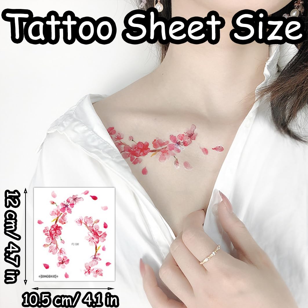 S.A.V.I 12 Pcs Cherry Blossom Temporary Tattoos for Women & Girls | 4.7x4.1 inch Floral Body Art | Safe Non-Toxic Waterproof Design for Shoulder, Neck, Arm | Easy to Apply & Remove (2)