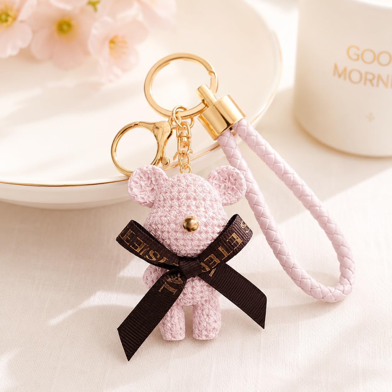 S.A.V.I Resin Teddy Bear Keychain Bag Charm for Women, White | 7 cm Size, Gold-Tone Hardware, Wrist Strap Included, Durable Build, For Backpacks & Purses