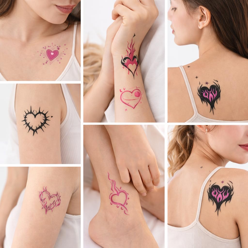 S.A.V.I Pink & Black Gothic Heart Temporary Tattoos – 10 Sheets (6.8x12 cm) Waterproof Non-Toxic Body Art Stickers with Flame, Spider, Wing & Tribal Designs for Women & Girls (#329)
