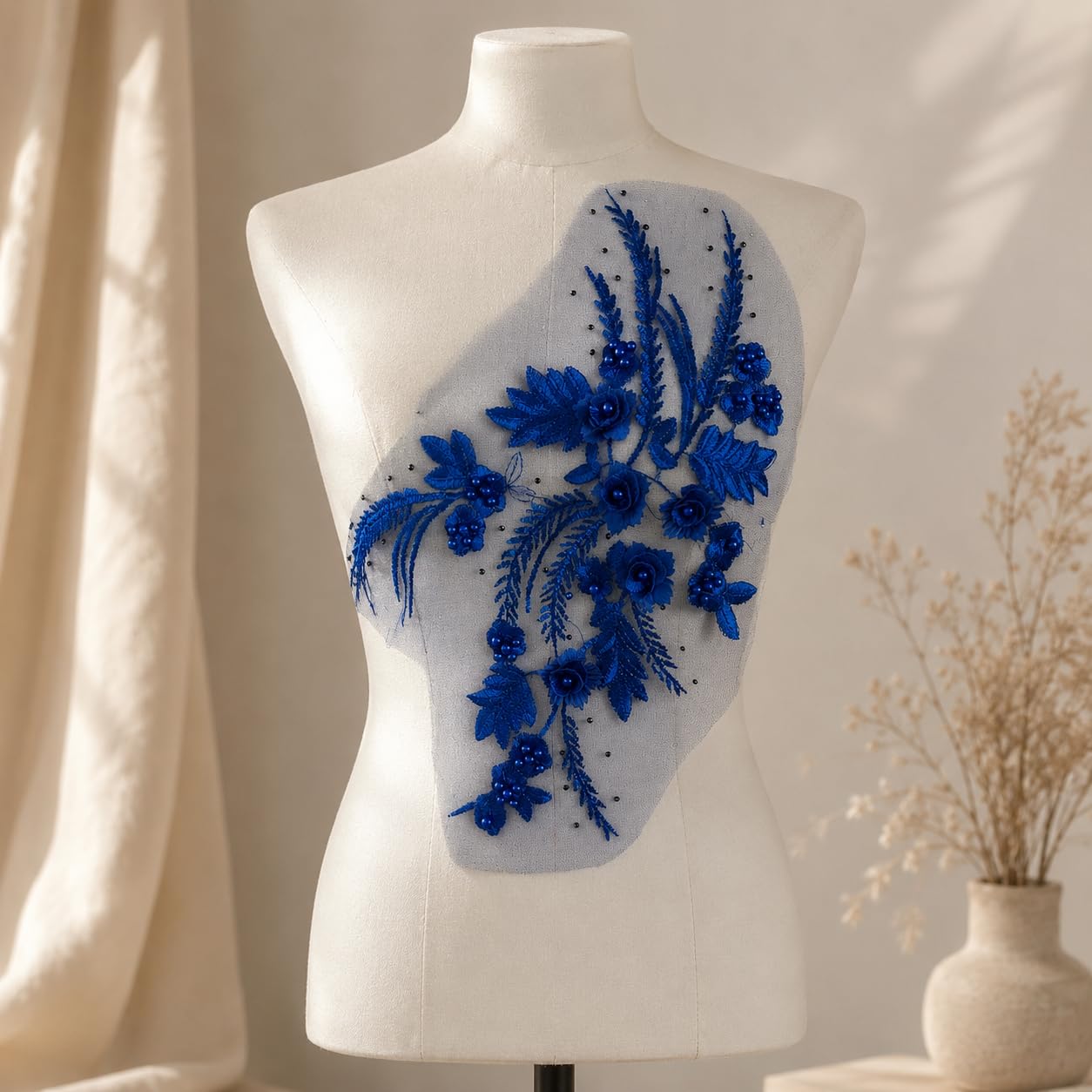 S.A.V.I Royal Blue Floral Embroidery Patch Sew-On Applique 34x25cm|Beaded Lace Motif, Mesh Fabric for DIY Saree, Kurti, Gown, Blouse, Jacket & Costume Customization