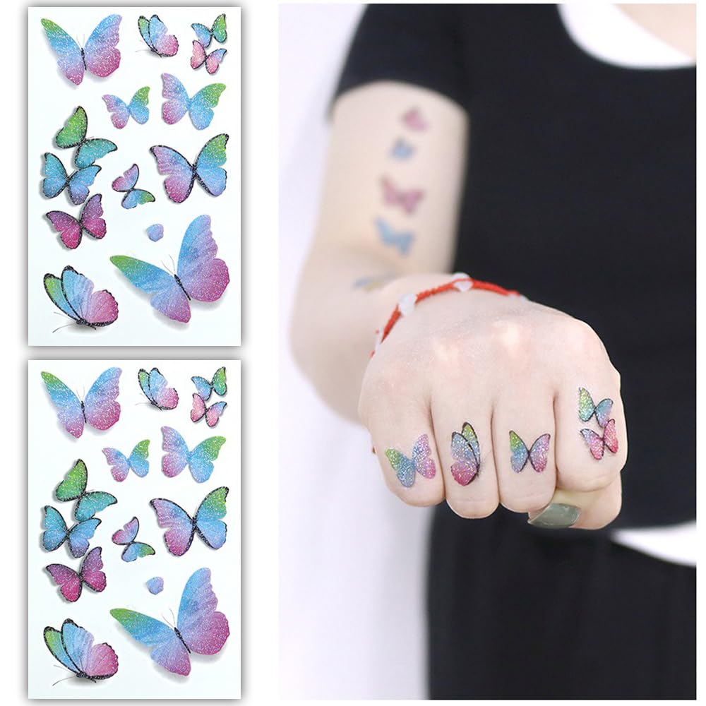 S.A.V.I 2pcs. Glittery Multicolor Butterfly Tattoo Sticker Sheets – Vibrant Rainbow Temporary Tattoos for Kids  Adults – Skin-Friendly, Waterproof, Easy to Apply – Ideal for Arms, Neck, Hands (12x7.5 cm)