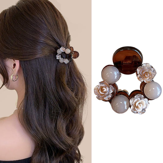 S.A.V.I Beige Small Hair Claw Clip 4cm | Round Acrylic Clutcher with Rose Flower & Bead Decor | Strong Hold Mini Hair Clip for Girls & Women