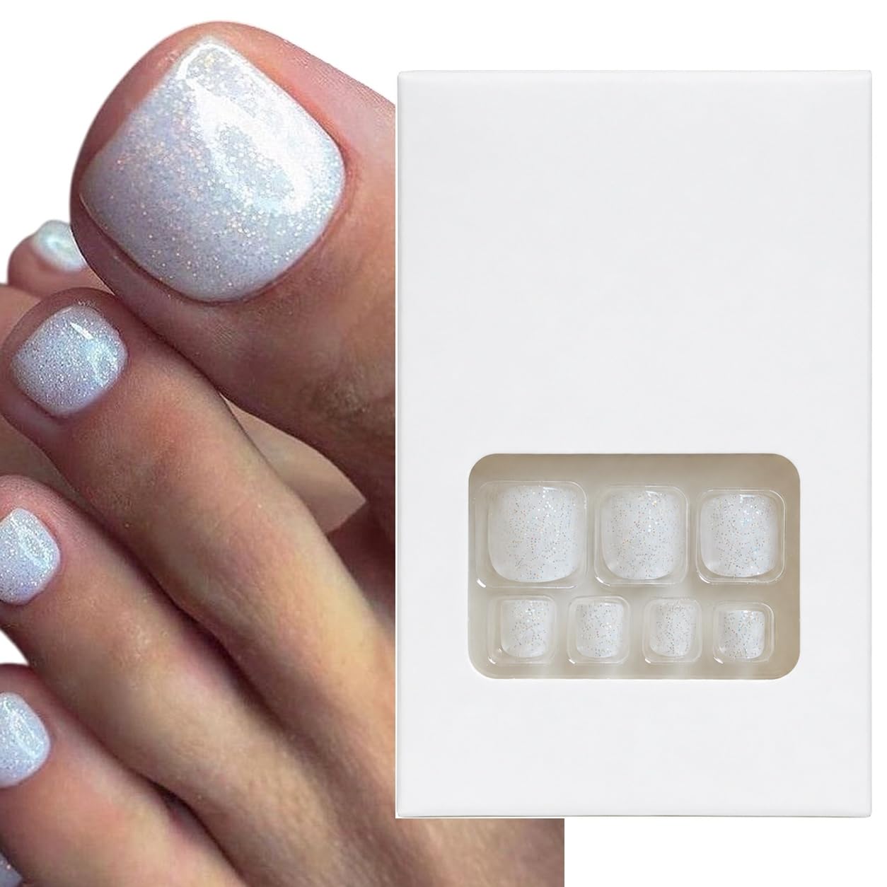 S.A.V.I Press on Toenails Glittery White Short Square 24 Pcs