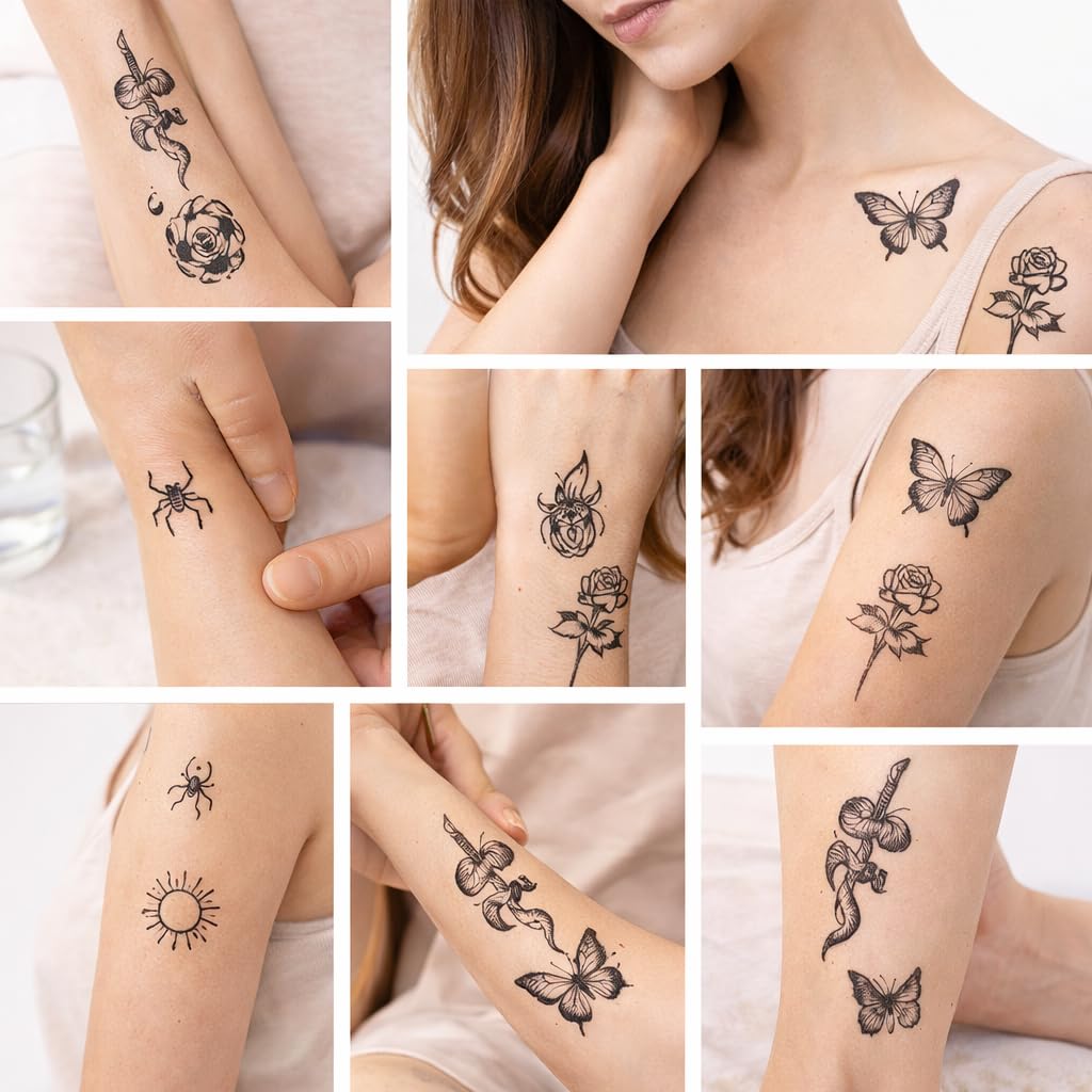 S.A.V.I 30 Sheets Black Temporary Tattoos for Women & Girls | Small Floral Butterfly Skull Designs 9.7x5.7 cm | Waterproof Non-Toxic Long Lasting Fake Body Art for Arms Shoulder Ankle (#316)