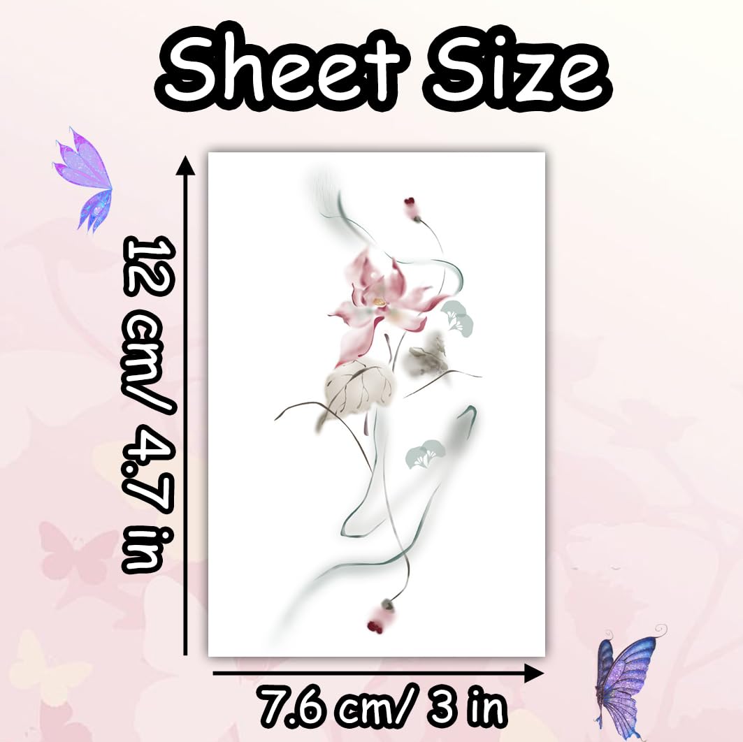 S.A.V.I Floral Watercolor Temporary Tattoo Sticker – Pink Lily & Lotus Vine 12 x 7.6 cm | Waterproof & Safe Non-Toxic Body Art for Women & Girls | Easy Apply & Remove | Arm • Waist • Leg • Back | 1 Pc (52)
