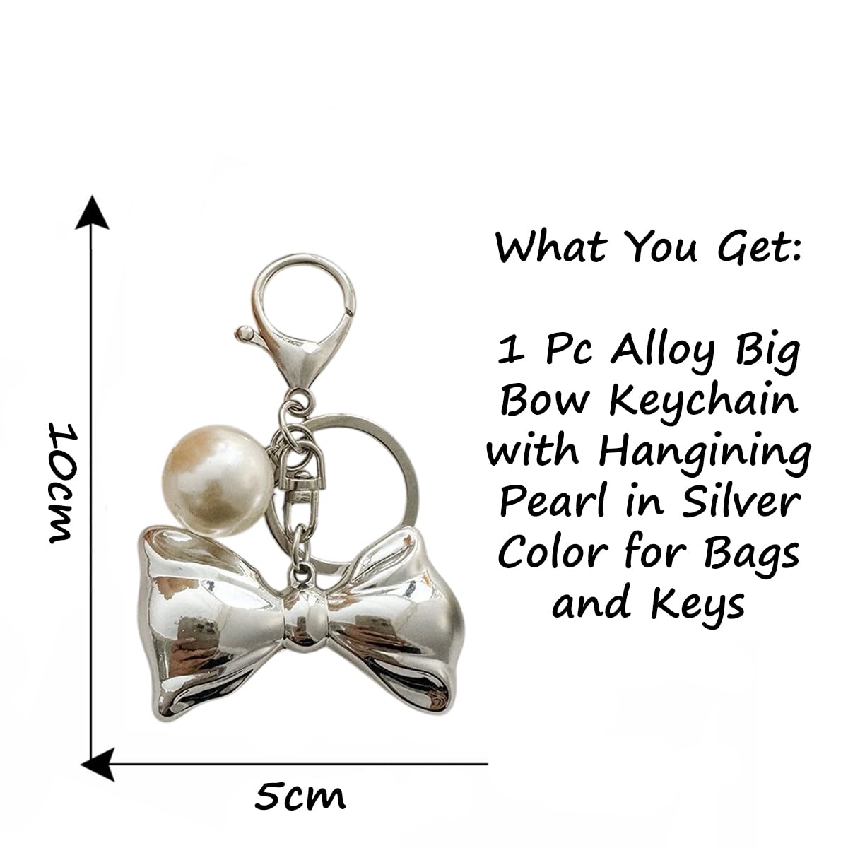 S.A.V.I Pearl Bow Keychain for Women, Silver Alloy Bag Charm Key Ring, Elegant handbag accessory with lobster clasp, lightweight decorative pendant for purses, backpacks, car keys & gifting