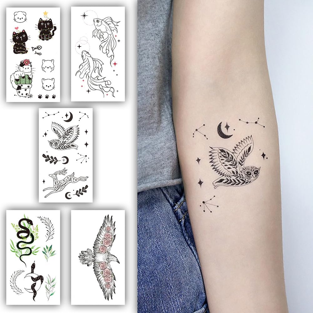 S.A.V.I 5PCS Temporary Tattoos - Waterproof, Diverse Designs with Kitty, Fish, Snakes, Hummingbird, Owl, Stars, Moon, 10.5x6cm for Men  Women
