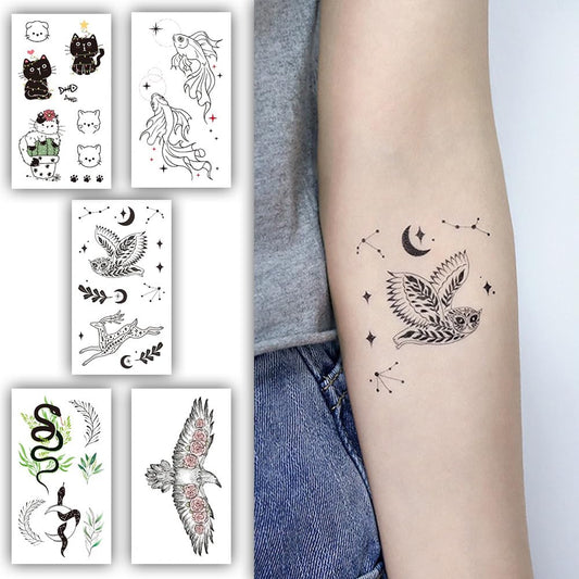 S.A.V.I 5PCS Temporary Tattoos - Waterproof, Diverse Designs with Kitty, Fish, Snakes, Hummingbird, Owl, Stars, Moon, 10.5x6cm for Men  Women