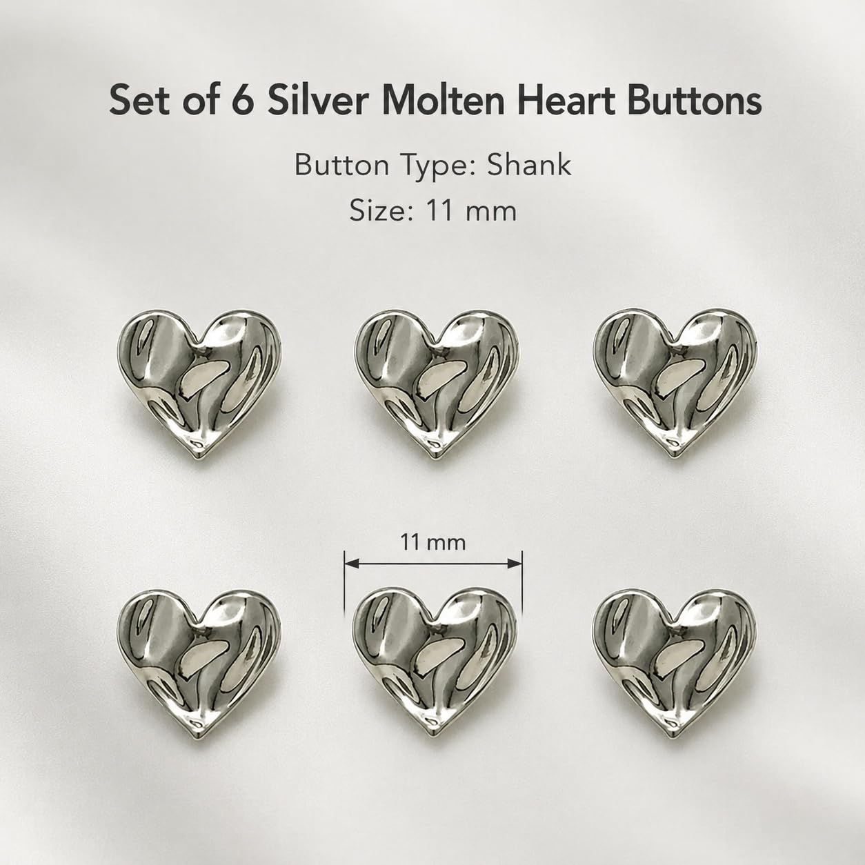 S.A.V.I Silver Heart Sewing Buttons Shank Style 11mm, Set of 6 | Polished Finish, For Blouses & Jackets, DIY Craft & Tailoring, Garment Embellishment, Vests & Shirts