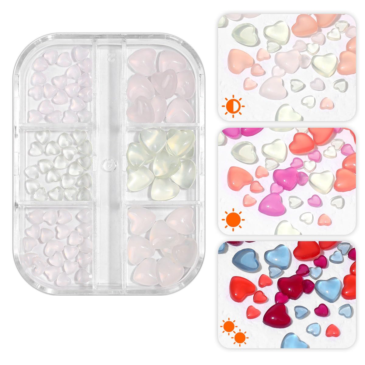 S.A.V.I UV Reactive 3D Heart Nail Art - Transparent Color Changing, 6-Grid Palette