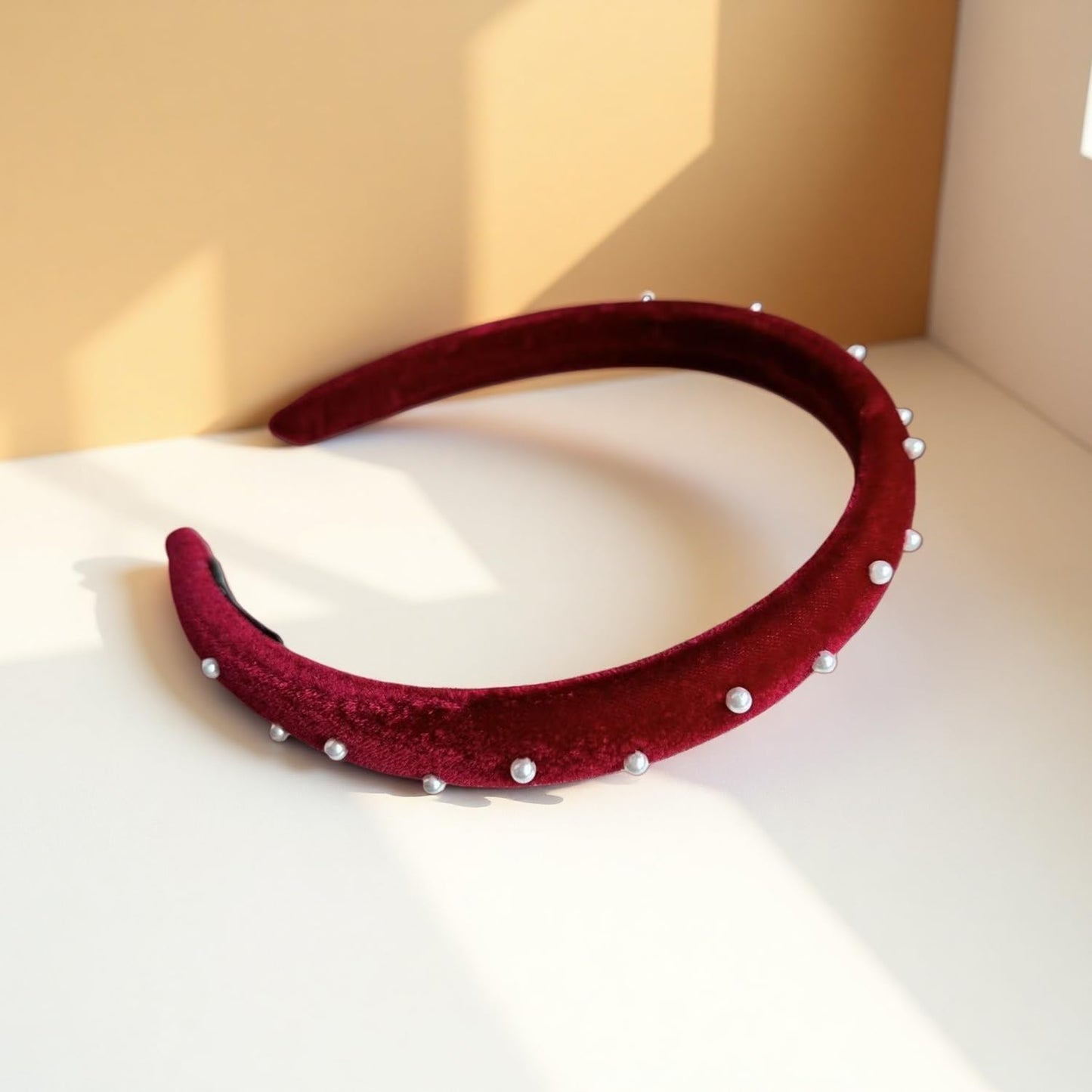 S.A.V.I Velvet Pearl Hairband for Women Wine Red, 16x14 cm, Soft Fabric Finish, Lightweight Wide Headband for Girls, Casual, Party & Wedding, Comfortable All-Day Fit