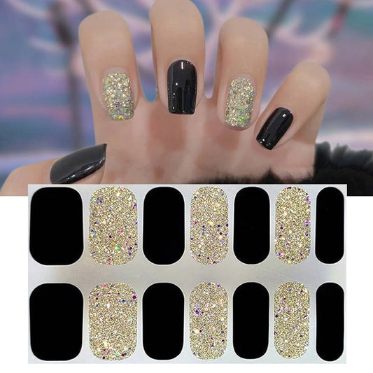 S.A.V.I 14 Pc Black  Gold Glitter Gel Nail Stickers - Easy Self-Adhesive, Long-Lasting Shine