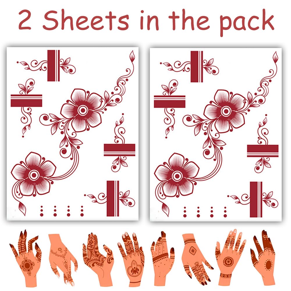 S.A.V.I 2 Sheets - Red Mehndi Style Temporary Tattoo Stickers for Women & Girls (16x12cm) | Floral Net Design | Waterproof, Safe, Non-Toxic Body Art for Hands – Easy to Apply & Remove (#65)
