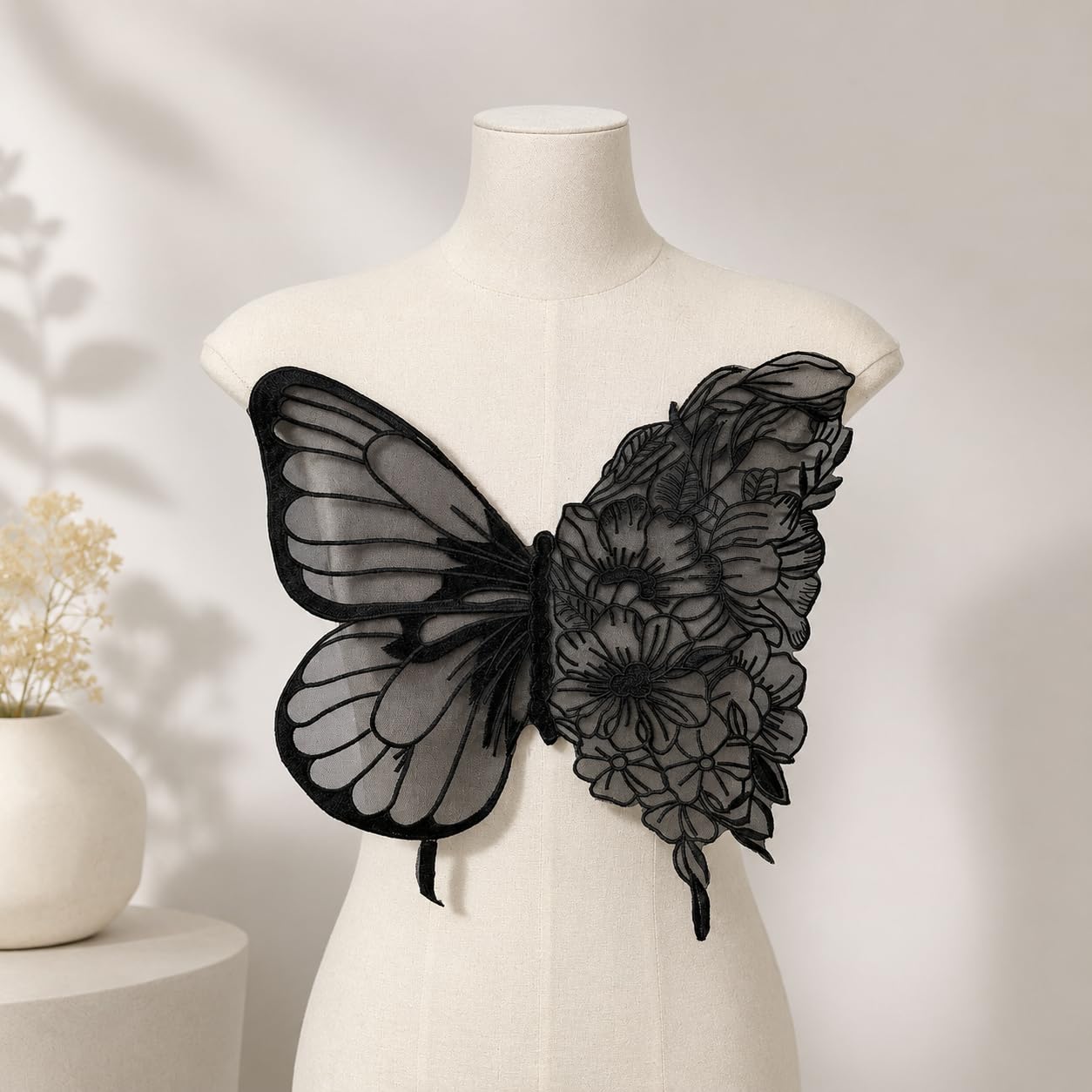 S.A.V.I Butterfly Floral Embroidery Sew-On Patch Black Mesh 35x32cm|Floral Lace Motif for Dresses, Blouses & Gowns, Premium Fabric, DIY Clothing Repair & Customization, Women Craft Accessory