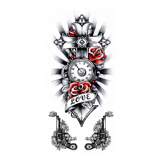 S.A.V.I 3D Temporary Tattoo Sticker Beautiful Clock Rose Cross Love Guns Popular Design Size 19x9 CM - 1PC.