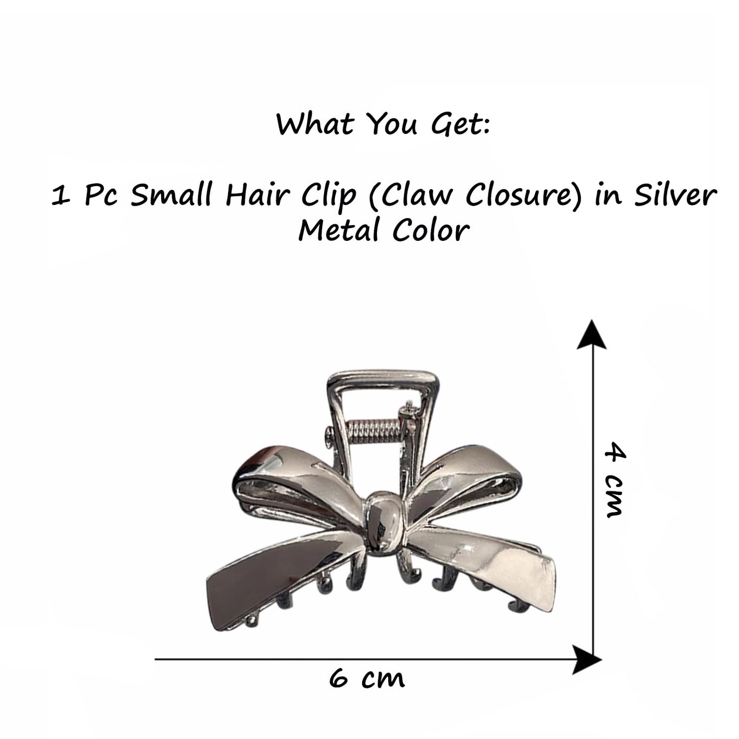 S.A.V.I Silver Metal Bow Hair Claw Clip for Women & Girls (6 cm) | Strong Grip Mini Clutcher, Elegant Ribbon Design Hair Accessory for Daily, Office & Party Styling