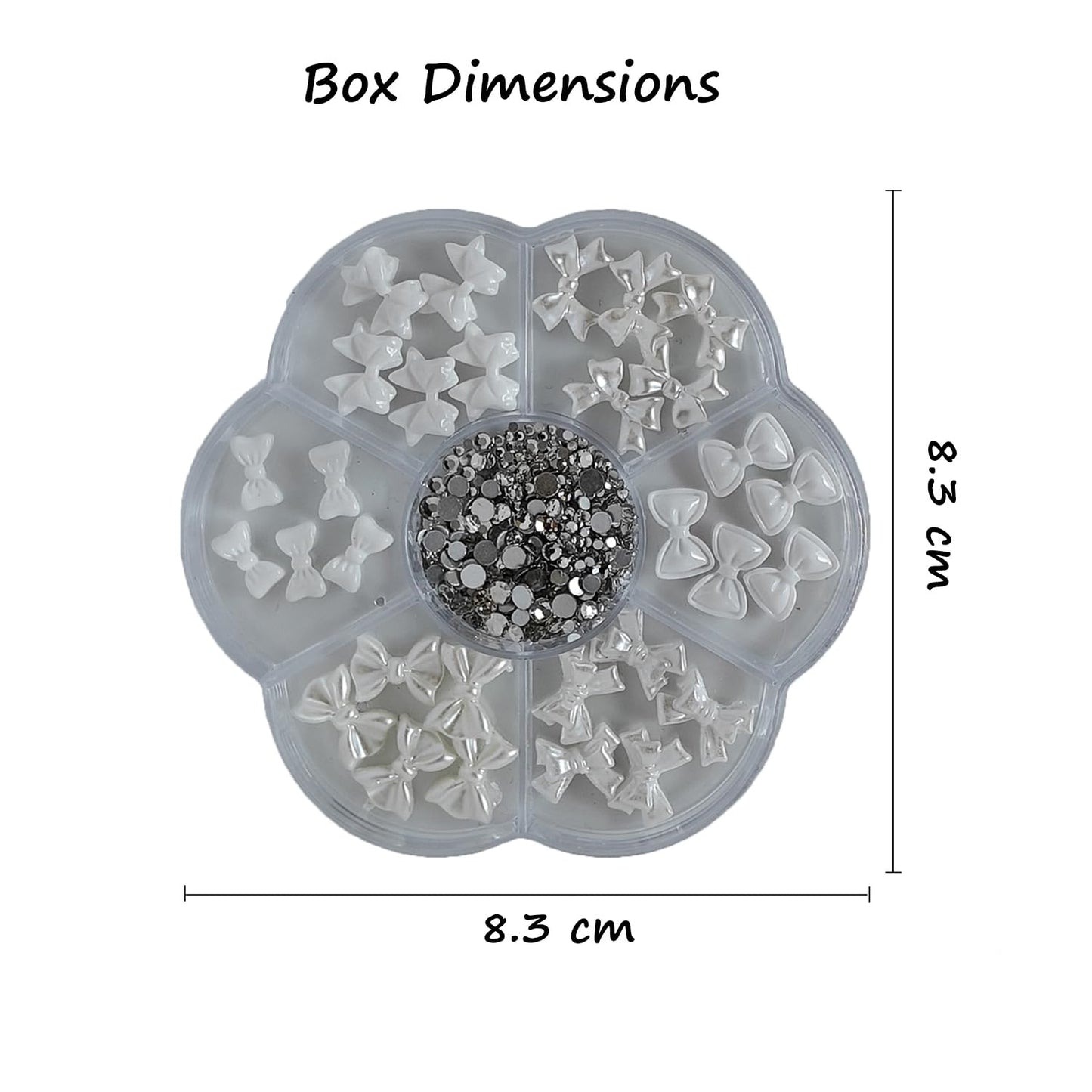 S.A.V.I 3D White Bowknot Nail Art Charms Set (30 Pcs) – Pearl Finish Resin Bows & Flat-Back Rhinestones, Mixed Sizes, Round 7-Section Storage Box for DIY Acrylic & Gel Nails