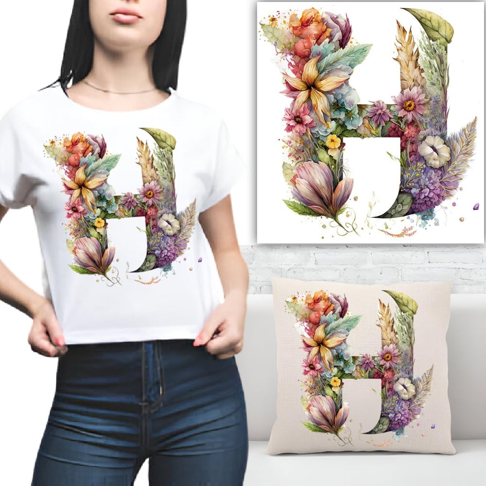 S.A.V.I 1PC Floral Alphabet Iron-On Patch – Washable Heat Transfer Sticker for DIY T-Shirts, Jeans, Pillows, Backpacks, Hats – Easy Applique with Beautiful Flower Design – Clothing  Accessories Patch (H)