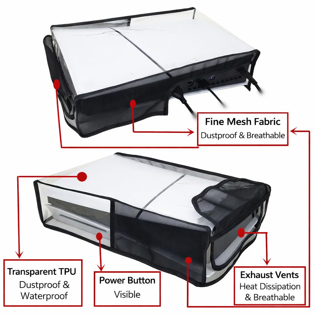 S.A.V.I Dustproof Breathable Cover for PS5 Slim Horizontal Console, Black & Transparent Mesh with TPU Case, Flip-Open Cooling Design, Scratch & Water Resistant Protection (Horizontal)