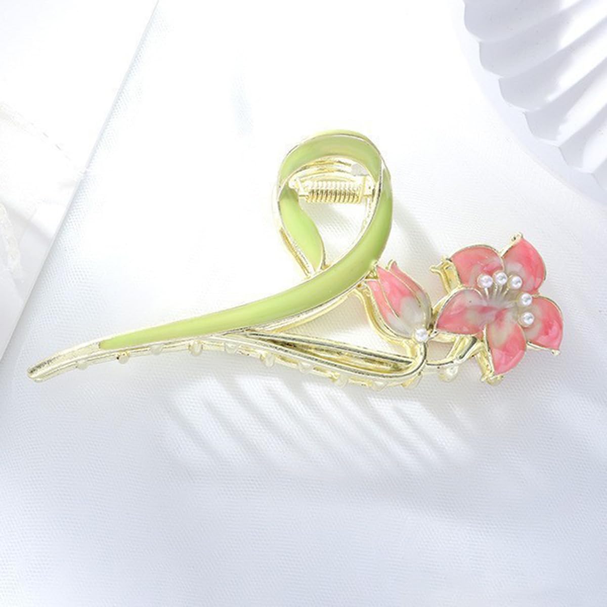 S.A.V.I Floral Hair Claw Clip for Women & Girls, Large 11 cm Strong Grip Clutcher, Green Pink Flower Design, Alloy Resin Hair Accessory for Daily, Party Styling