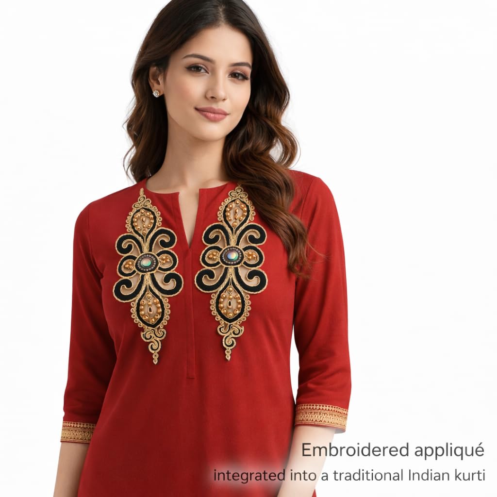 S.A.V.I Pair of Black & Gold Embroidered Sew-On Applique 35 x 11 cm | Handcrafted Zardozi Look Floral Motif with Beads & Stones | Designer Neckline Patch for Kurtis, Gowns & Dresses (Black-Gold)