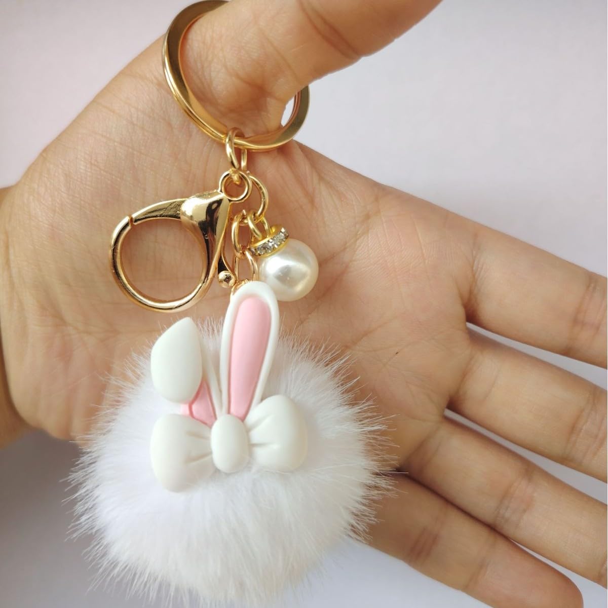 S.A.V.I Bunny Pom Pom Keychain for Women & Girls, Faux Fur Bag Charm, White, Soft Plush Finish, 13 cm Cute Rabbit Pendant with Pearl Accent, Gold-Tone Clasp for Handbags, Backpacks, Keys & Gifts