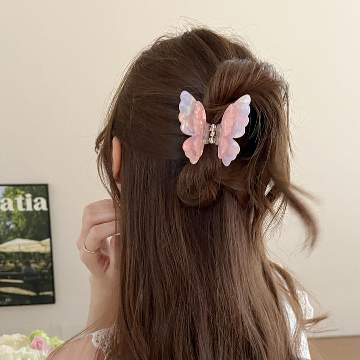 S.A.V.I Butterfly Hair Claw Clip for Women & Girls | Iridescent Mermaid Pink Acrylic Hair Clutch 7.5 cm | Strong Hold Jaw Clip | Korean Style Elegant Hair Accessory for Daily & Party
