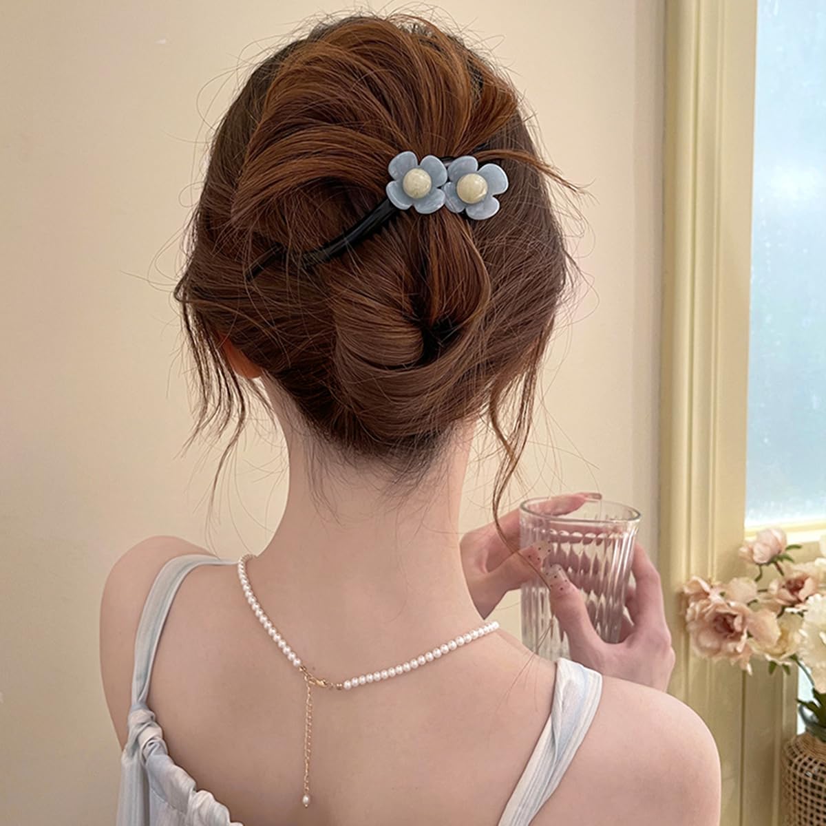 S.A.V.I Light Blue Flower Hair Clip for Women & Girls | Stylish Acrylic Floral Design | 11cm Long Black U-Shape Hairpin Strong Grip for Party Casual Daily Hairstyles