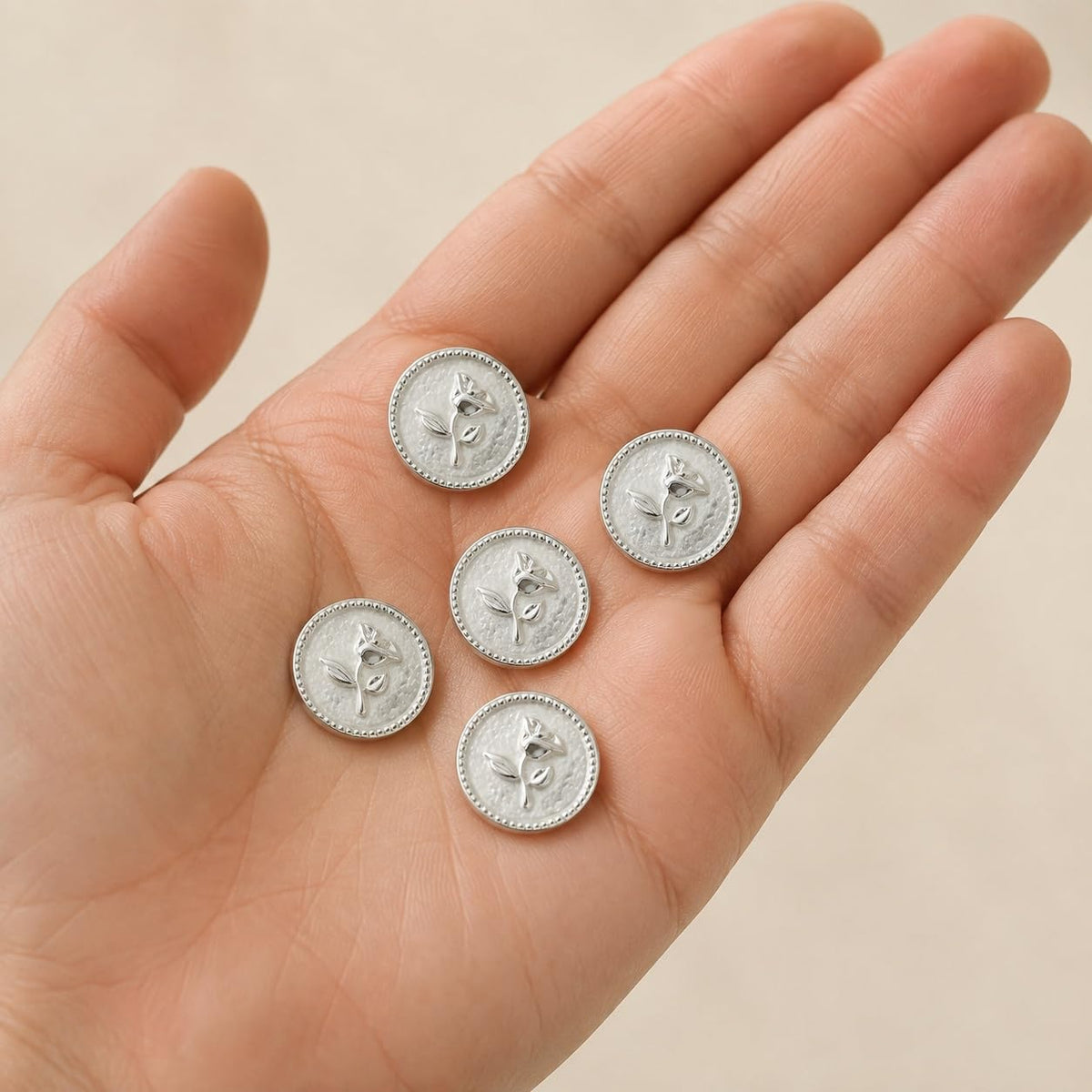 S.A.V.I Silver Rose Shank Buttons for Kurti, 17.5 mm, Set of 5 | Round Floral Design, White Metallic Finish, DIY Garments, Blouses & Dresses, Decorative Closure