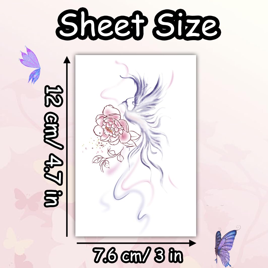 S.A.V.I Floral Phoenix & Peony Temporary Tattoo Sticker for Women & Girls | 1 Pc Waterproof, Long-Lasting Body Art (12x7.6 cm) | Safe, Non-Toxic, Skin-Friendly Pink-Purple Design (50)