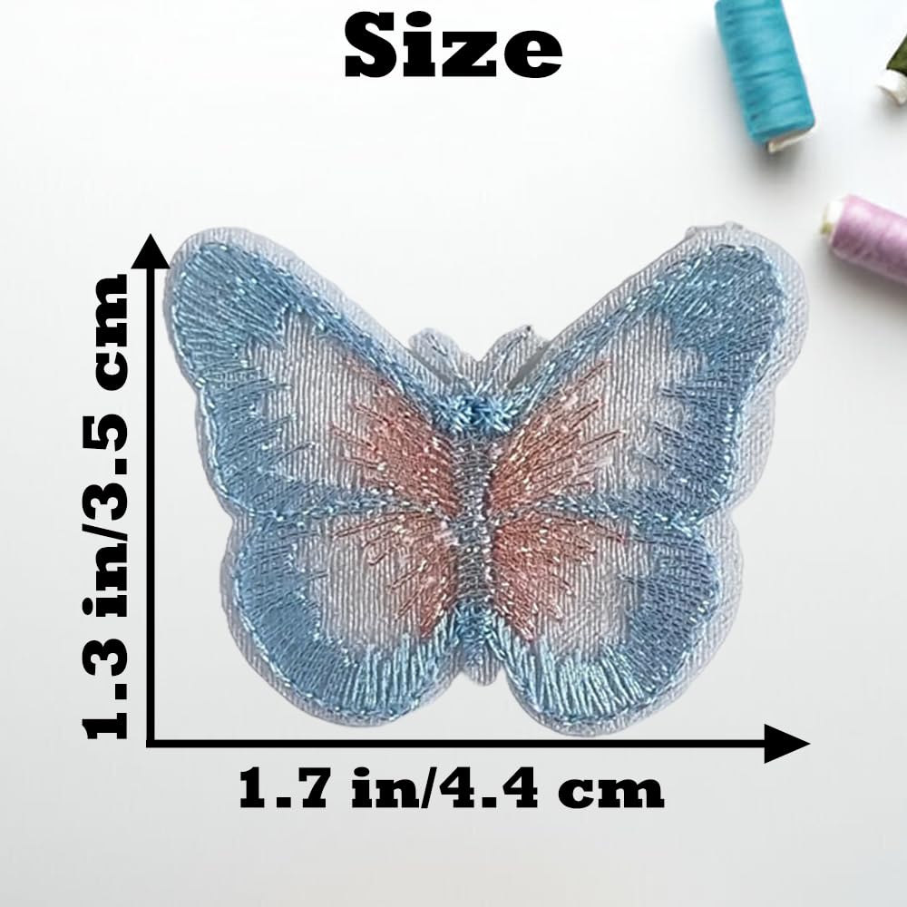 S.A.V.I 6 Pcs Butterfly Embroidered Sew-On Patches, Light Blue & Pink Threadwork on Sheer Mesh Fabric, 4.4 x 3.5 cm Decorative Appliqué for Dresses, Blouses, DIY Craft & Accessories (Blue-Pink)