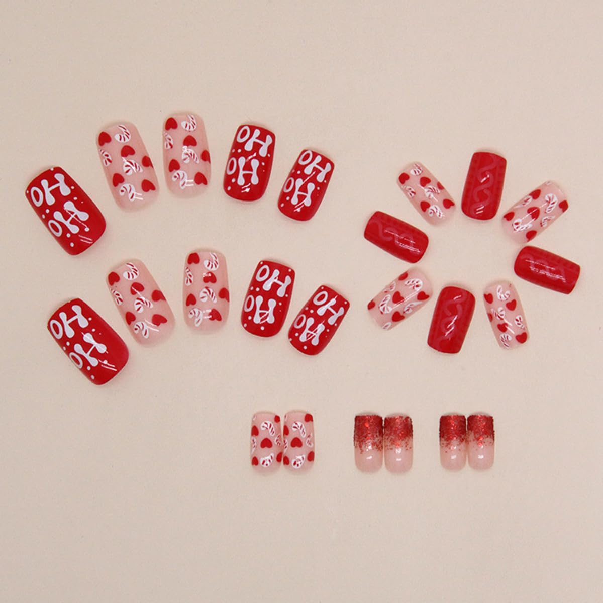 S.A.V.I 24 Pcs Christmas Red & Nude Press On Nails, Medium Square Glossy Acrylic Fake Nails with Candy Cane & Ho Ho Art, Reusable Set with Glue & Adhesive Tabs